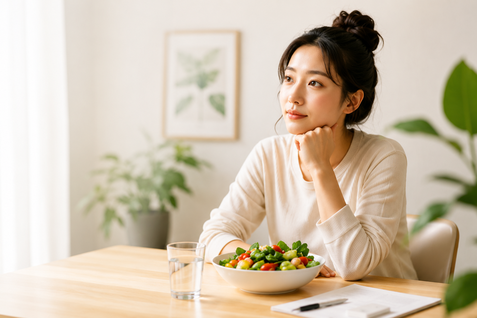 一位女士看着健康餐若有所思